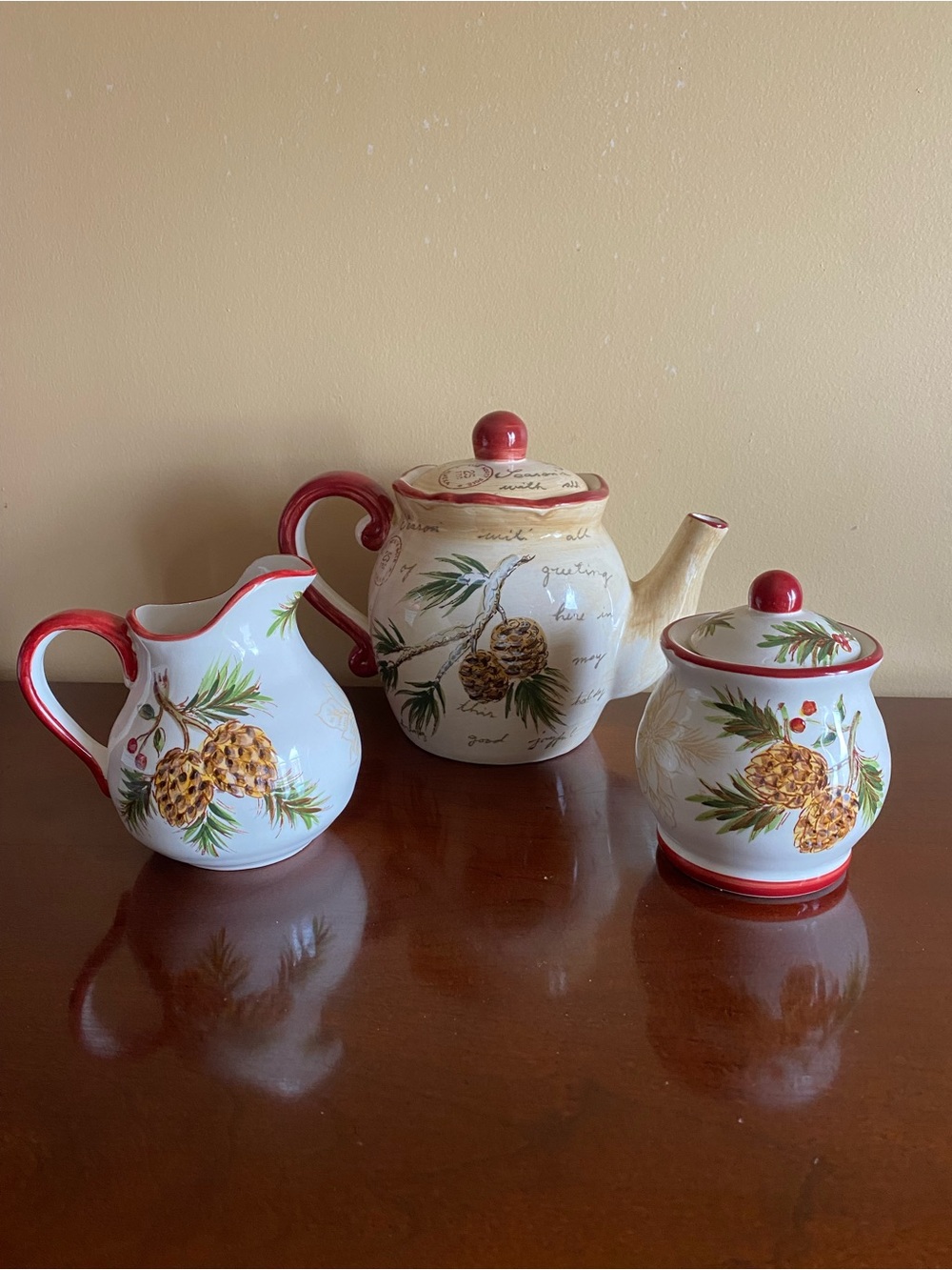 Maxcera Warm Wishes Cardinal Ceramic Tea Set with Red Trim Cream and sugar bowl